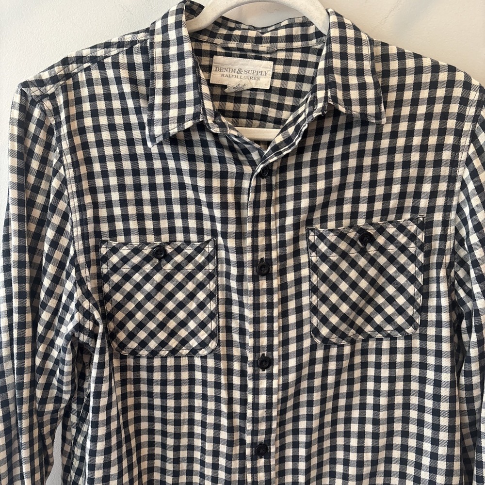 Ralph Lauren Denim Supply Shirt Mens Large Black Cream Checker Flannel Button Up